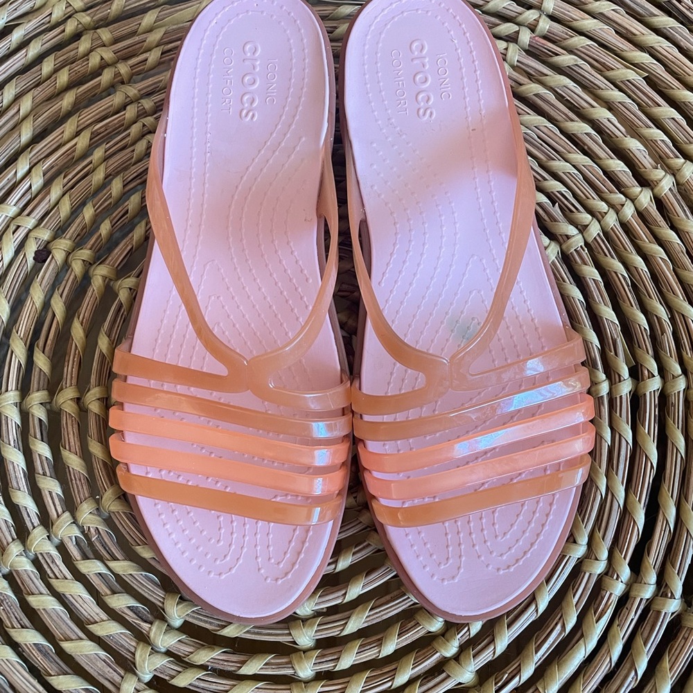 CROCS Pink Orange Isabella Mini Wedge Slide Sandals Size-9